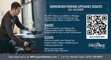 Michigan Propane Commission homeowner rebate flyer, offering rebates for new Energy Star propane water heaters or boilers