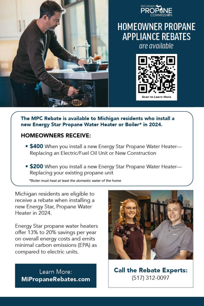 Homeowner propane appliance rebate flyer, highlighting $400 and $200 rebates for Michigan residents on propane water heaters and boilers