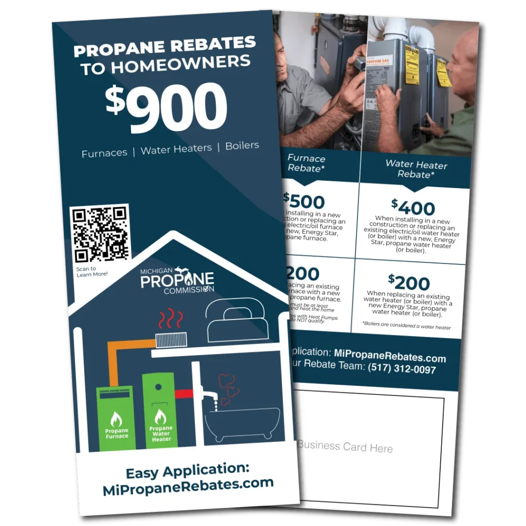 Michigan Propane Commission brochure advertising up to $900 in propane rebates for homeowners
