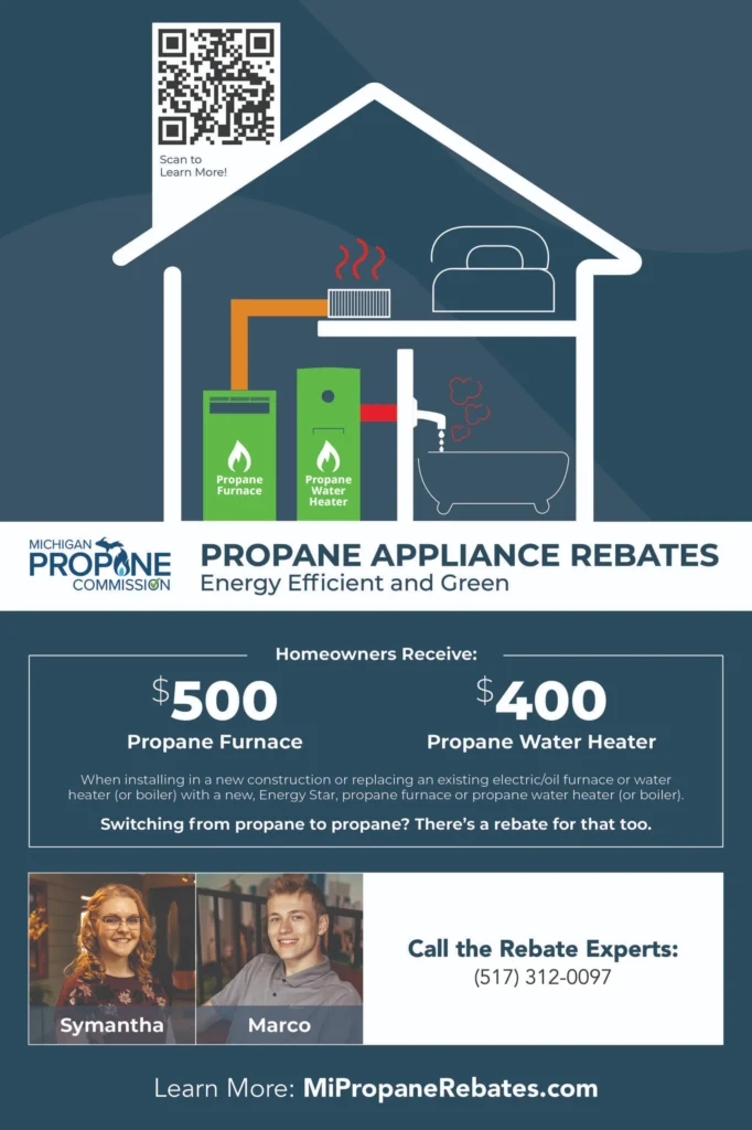 Michigan Propane Commission flyer promoting propane appliance rebates with furnace, water heater, and contact details