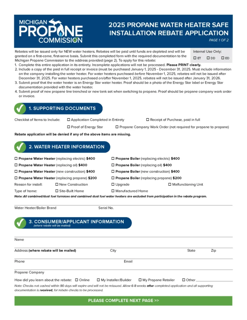 2025 propane water heater safe installation rebate application form from the Michigan Propane Commission